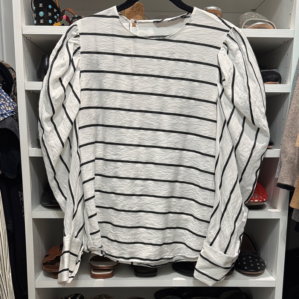 Striped Puff-Sleeve Long-Sleeve Shirt - White/Black